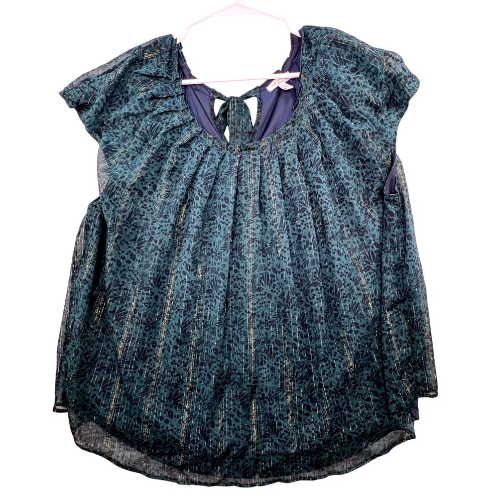 LC Lauren Conrad Blouse Women 2X Teal Floral Metallic Stripe Boho Whimsigoth